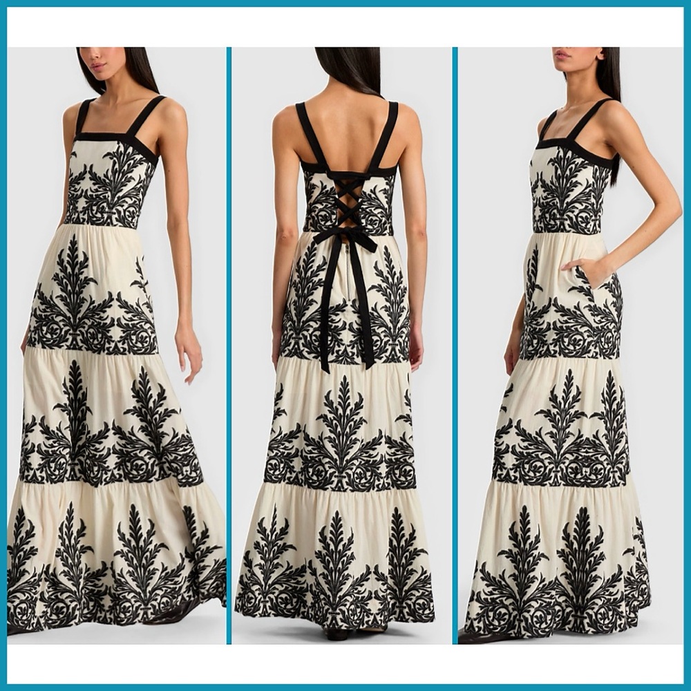 Alice + Olivia Saige Cotton Linen Blend Off White Black Tiered Maxi Dress - Picture 13 of 14